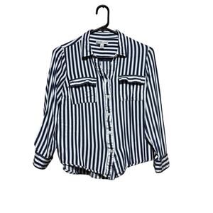 Alexander Jordan Womens Large 100% Rayon Navy White Stripe Button Shirt Pockets